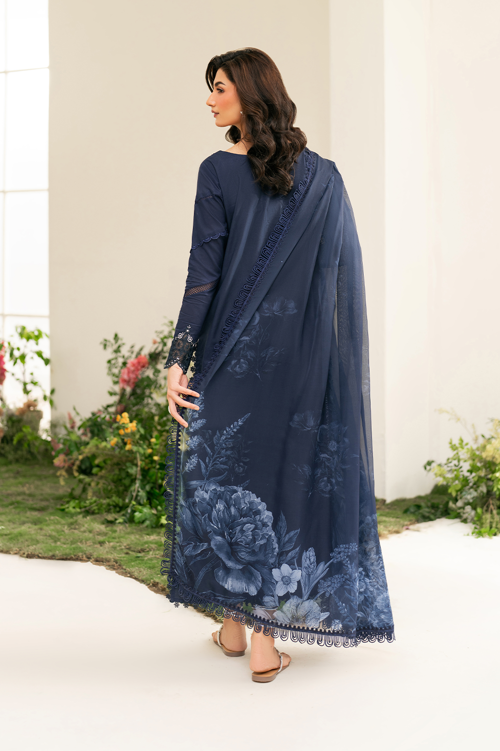 IZNIK-3PC DHANAK CHIKAN EMBROIDERED SHIRT WITH COURTRAI PRINTED SHAWL AND EMB TROUSER-BIC-4132