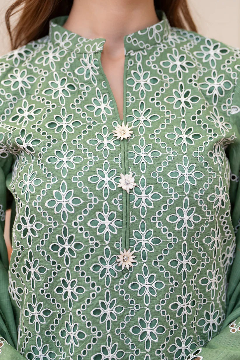 MIRAKHI LAWN 3PC - LAWN CHIKANKARI EMB SHIRT WITH LAWN TUBE SLUB DUPATTA AND LAWN DYED TROUSER | RP