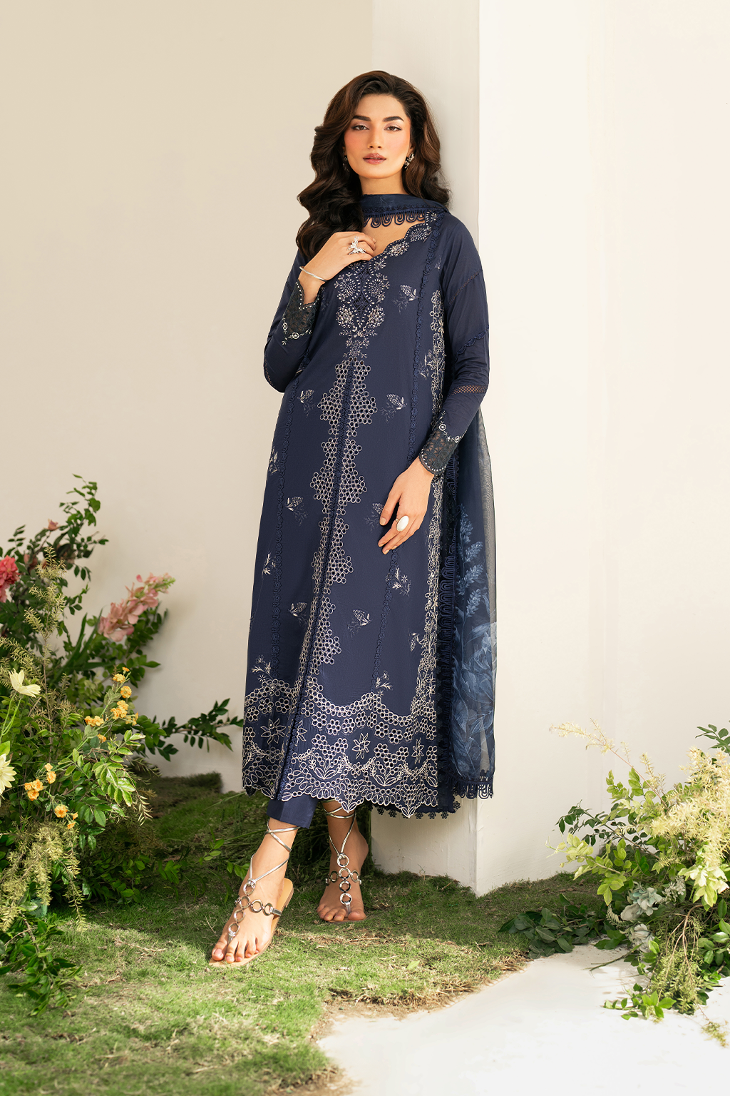 IZNIK-3PC DHANAK CHIKAN EMBROIDERED SHIRT WITH COURTRAI PRINTED SHAWL AND EMB TROUSER-BIC-4132