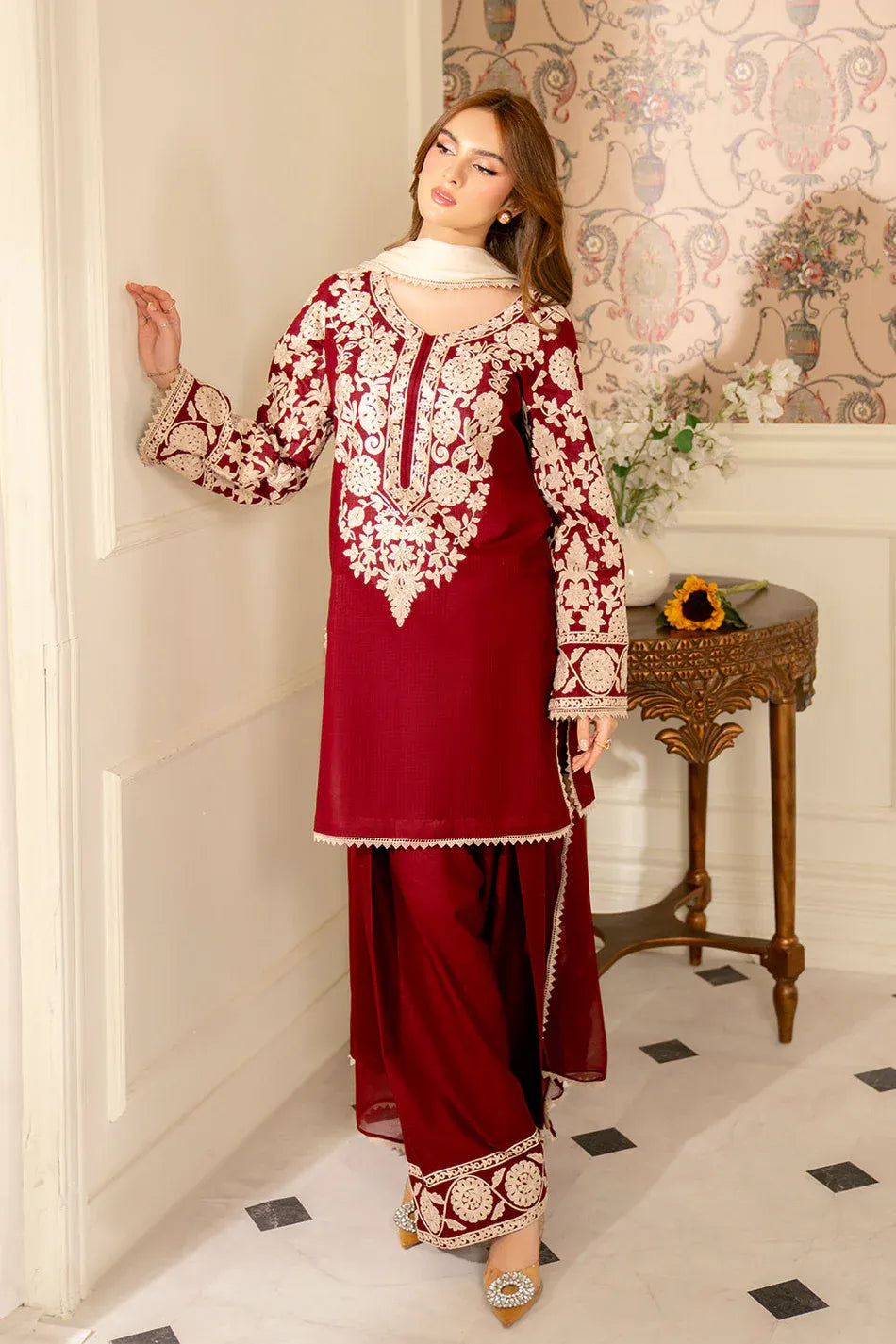 JAZMIN-3PC LAWN EMBROIDERED SHIRT WITH CHIFFON TYE & DYE DUPATTA AND TROUSER -RP-4656