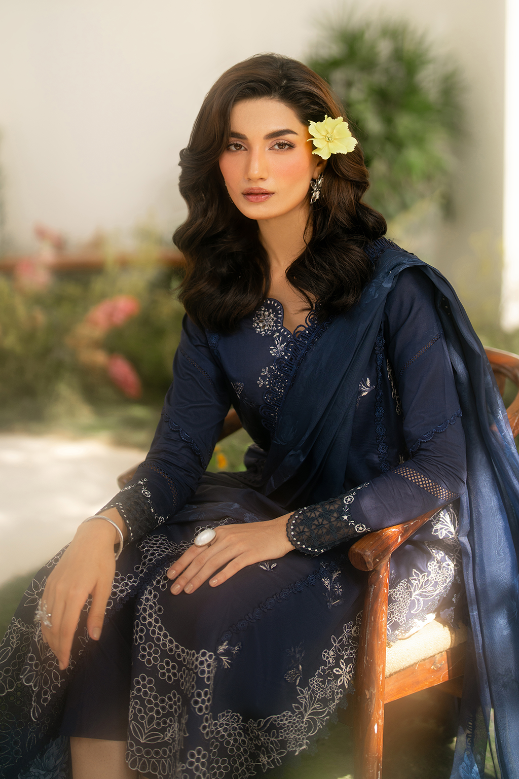 IZNIK-3PC DHANAK CHIKAN EMBROIDERED SHIRT WITH COURTRAI PRINTED SHAWL AND EMB TROUSER-BIC-4132