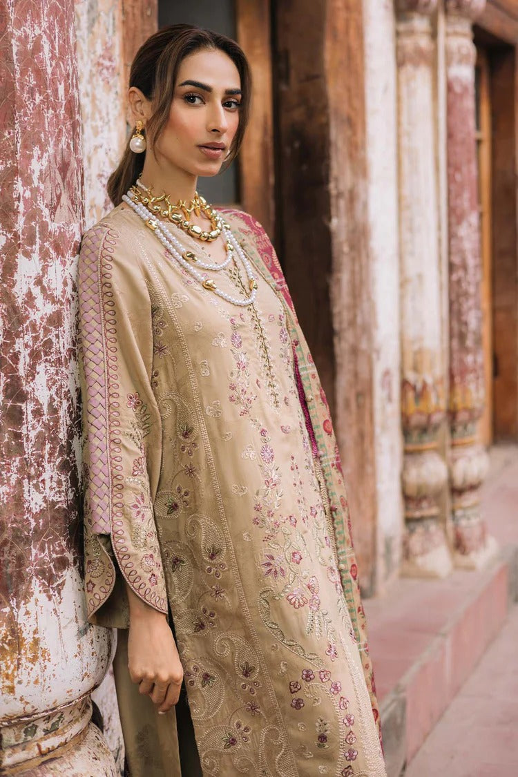 NUREH-3PC DHANAK EMBROIDERED SHIRT WITH COURTRAI PRINTED SHAWL & TROUSER-BIC-4341