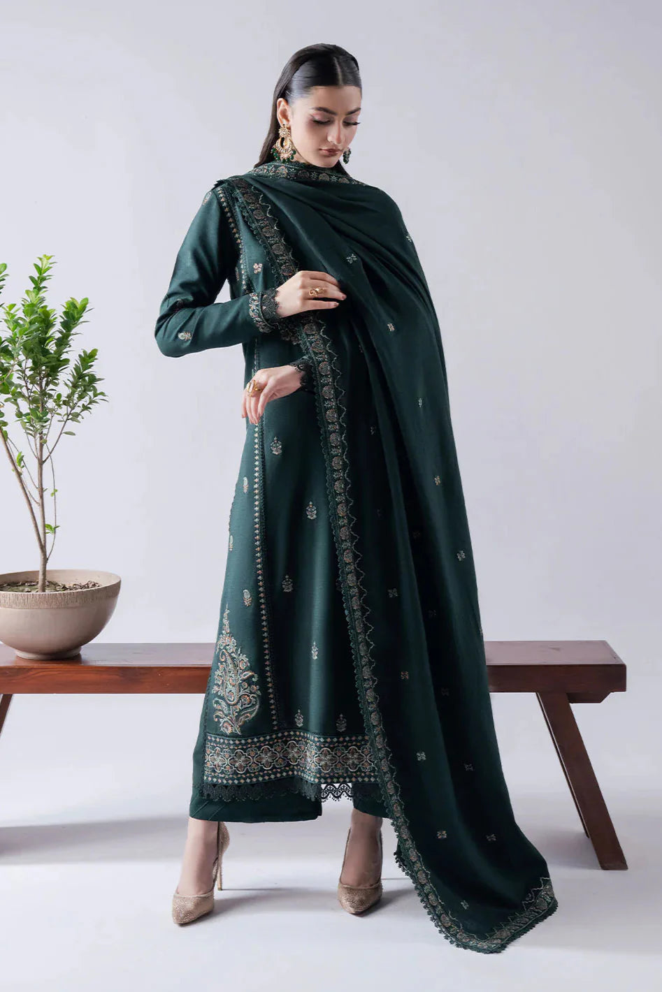 ASIM JOFA-3PC DHANAK EMBROIDERED SHIRT WITH DHANAK EMBROIDERED SHAWL & TROUSER-BIC-4165