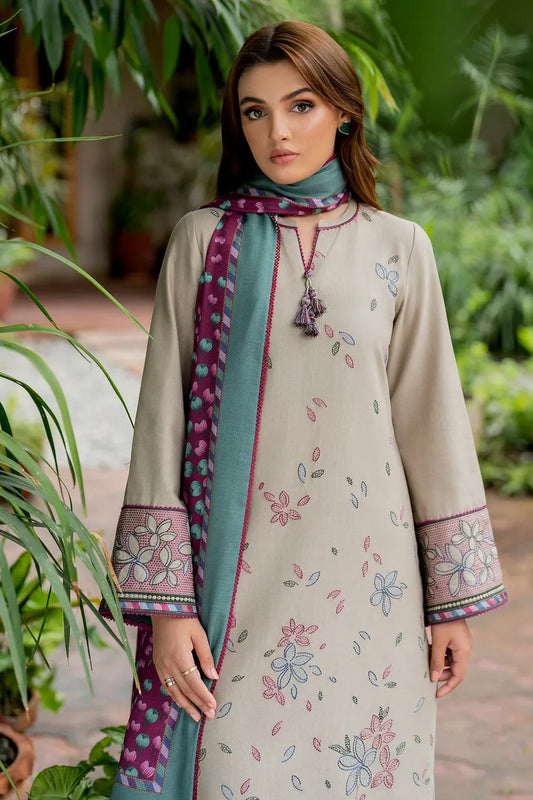 JAZMIN-3PC DHANAK EMBROIDRED SHIRT WITH KOTAIL PRINT SHAWL AND TROUSER-RP129