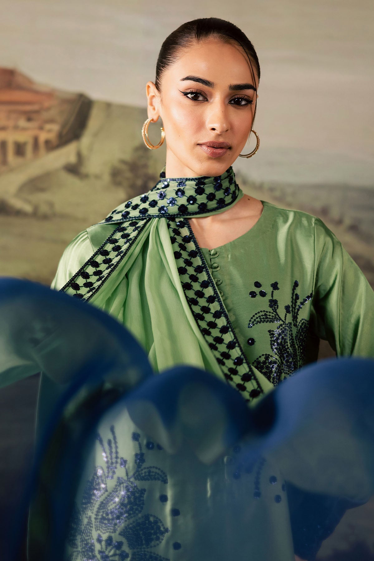 NUREH-3PC SHAMOZE SILK PRINTED EMBROIDERED SHIRT WITH SOFT SILK PRINTED EMB DUPATTA & TROUSER BIC-