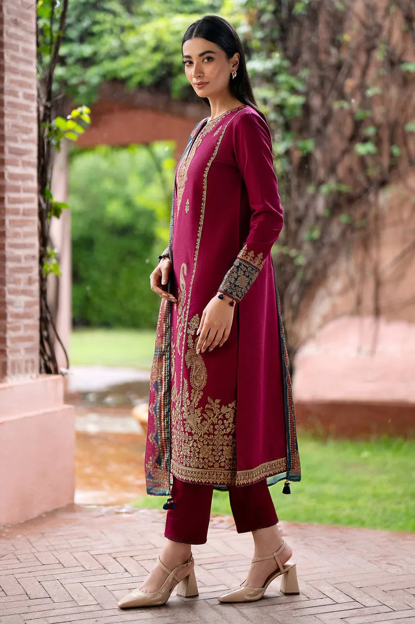 JAZMIN- 3PC DHANAK EMBROIDERED SHIRT WITH KOTAIL  PRINT SHAWL AND TROUSER-RP121