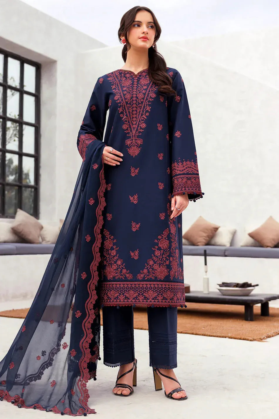 JAZMIN-3PC LAWN EMBROIDERED SHIRT WITH CHIFFON EMBROIDERED DUPATTA AND TROUSER-RP-4611