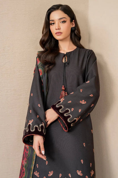 JAZMIN-3PC DHANAK EMBROIDRED SHIRT WITH WOOL PRINT SHAWL AND TROUSER-RP-3275