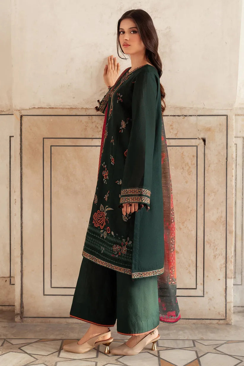 JAZMIN-3PC DHANAK EMBROIDERED SHIRT WITH WOOL PRINT SHAWL AND TROUSER-BIC-3364