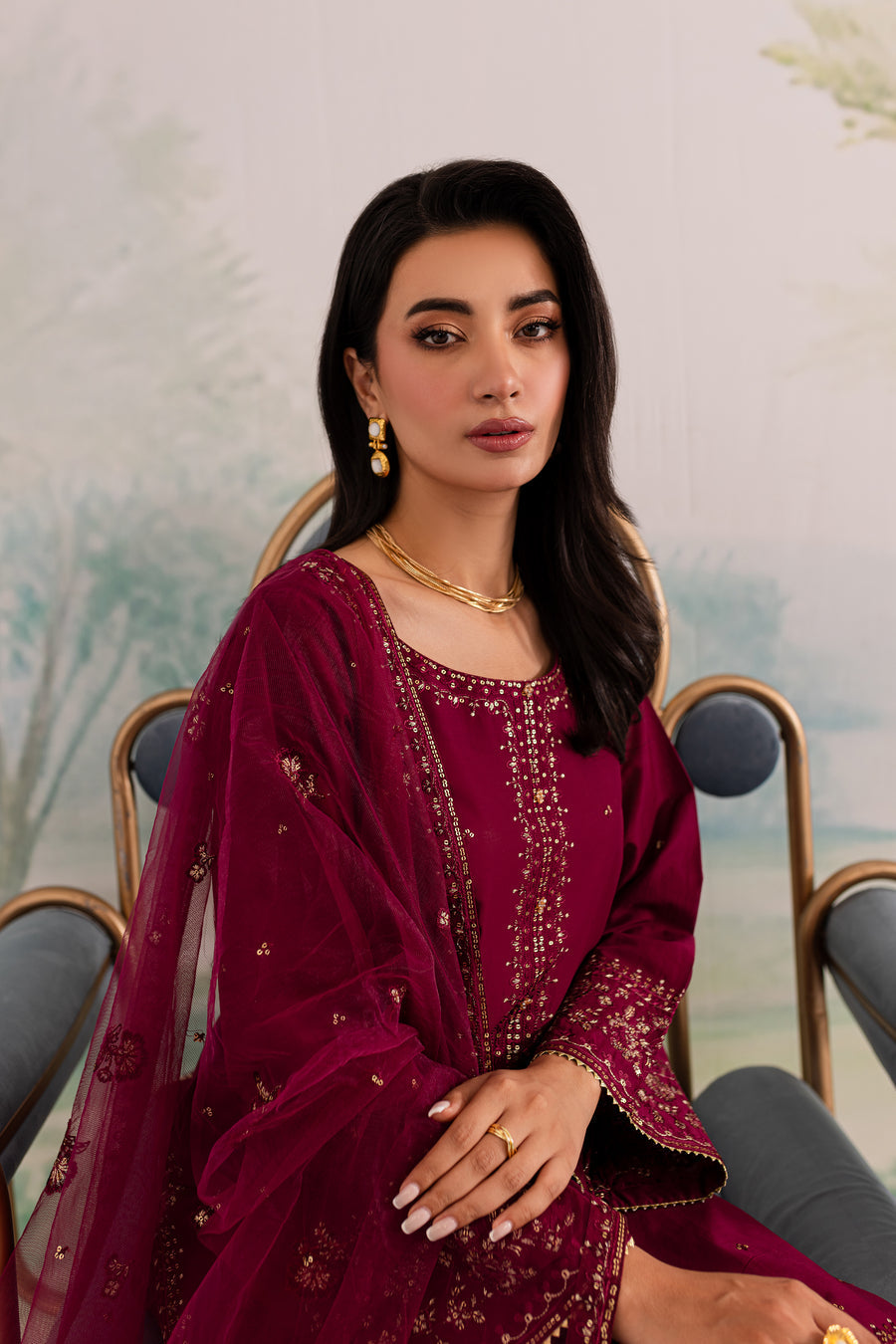 JAZMIN-3PC DHANAK EMBROIDERED SHIRT WITH CHIFFON EMBROIDERED DUPATTA AND TROUSER BIC-4198