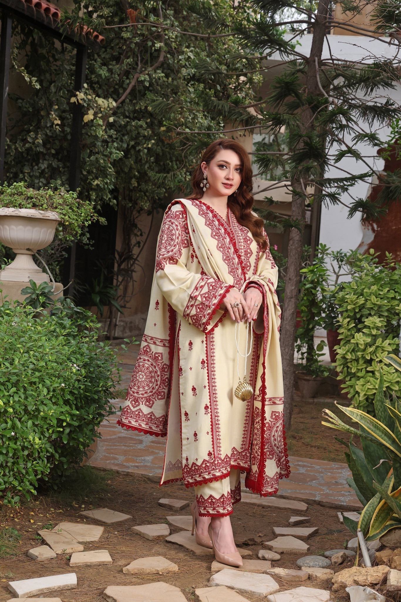 ASIM JOFA-3PC DHANAK EMBROIDERED SHIRT WITH DHANAK EMBROIDERED SHAWL & TROUSER-BIC-4304