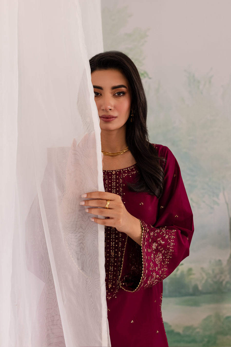 JAZMIN-3PC DHANAK EMBROIDERED SHIRT WITH CHIFFON EMBROIDERED DUPATTA AND TROUSER BIC-4198