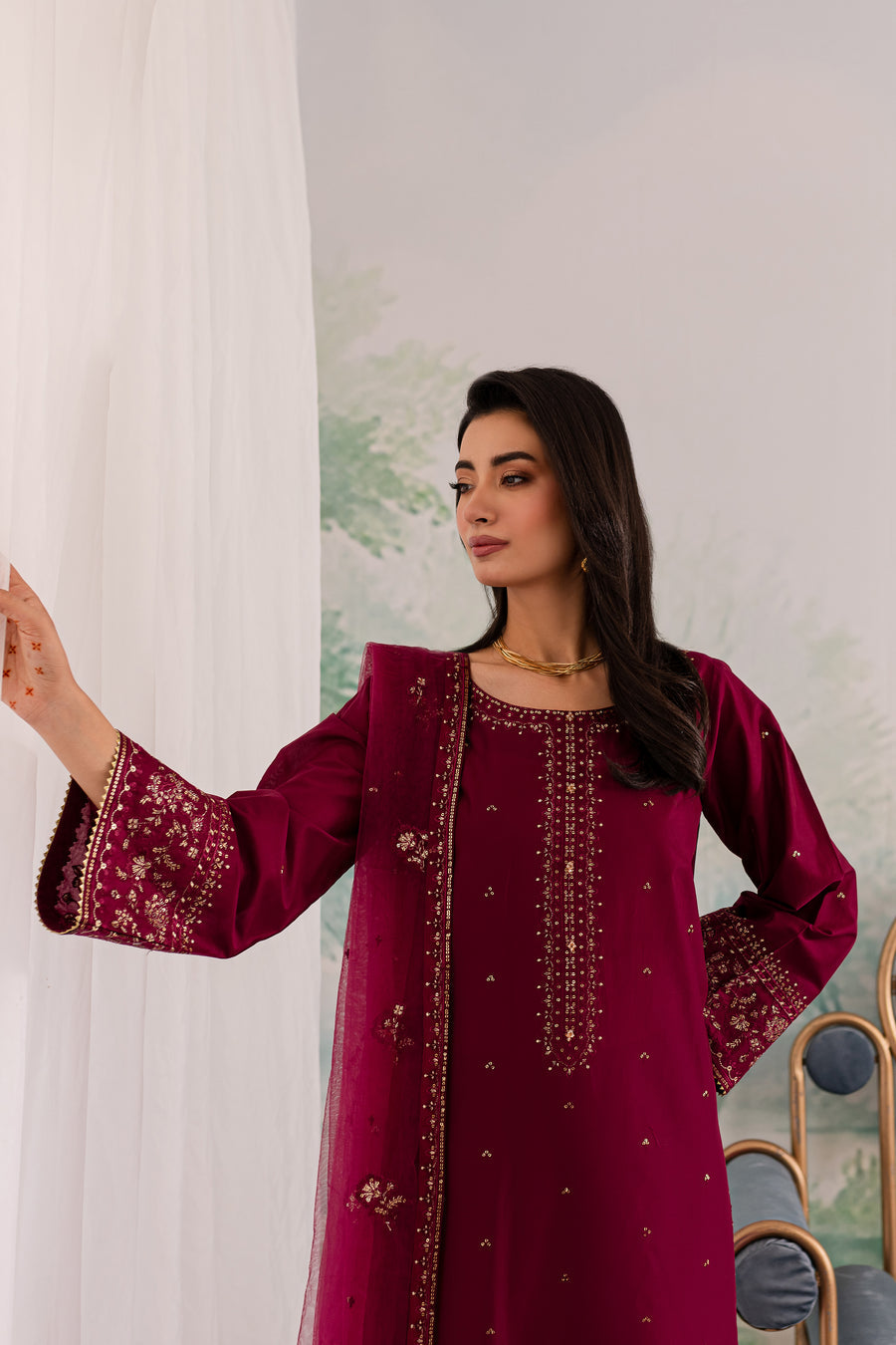 JAZMIN-3PC DHANAK EMBROIDERED SHIRT WITH CHIFFON EMBROIDERED DUPATTA AND TROUSER BIC-4198