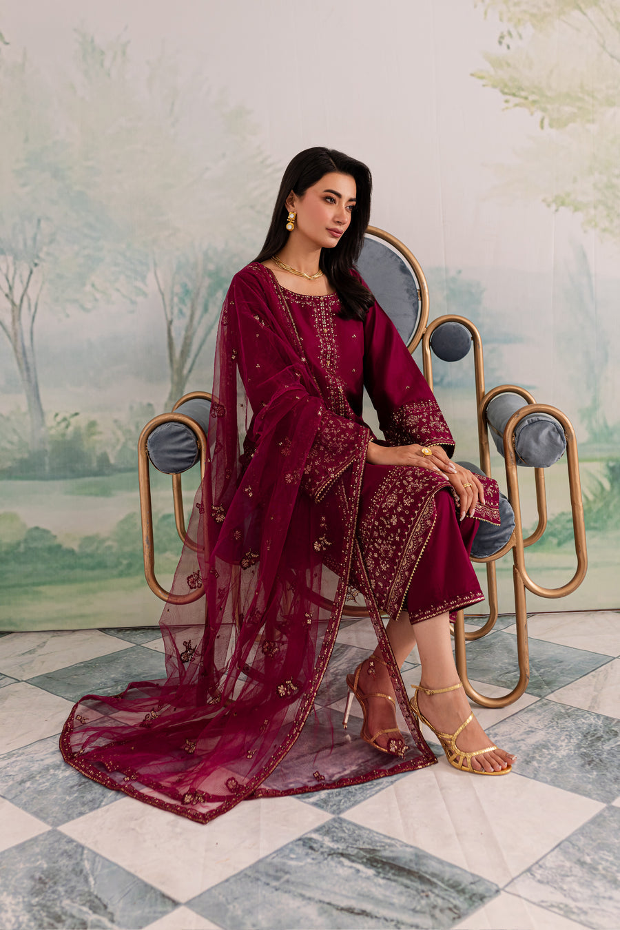 JAZMIN-3PC DHANAK EMBROIDERED SHIRT WITH CHIFFON EMBROIDERED DUPATTA AND TROUSER BIC-4198