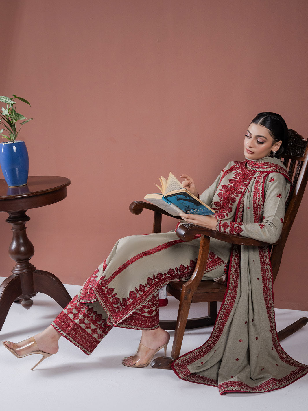 ASIM JOFA-3PC DHANAK EMBROIDERED SHIRT WITH DHANAK EMBROIDERED SHAWL AND EMB TROUSER-BIC-4001