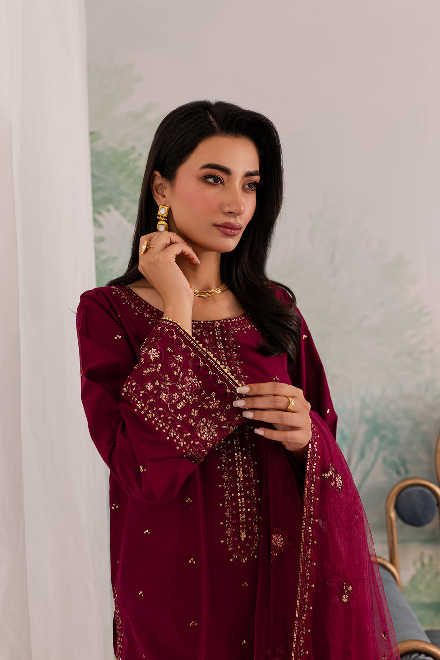 JAZMIN-3PC DHANAK EMBROIDERED SHIRT WITH CHIFFON EMBROIDERED DUPATTA AND TROUSER BIC-4198