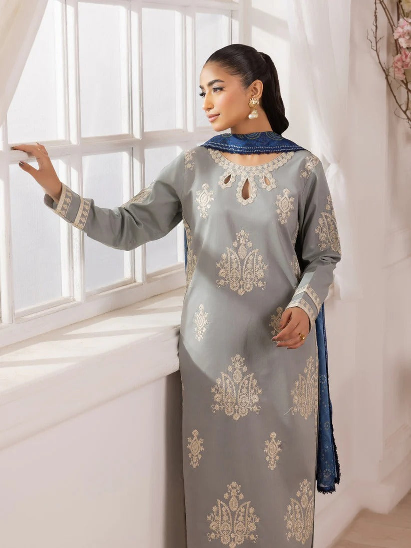 MOHAGNI LAWN 3PC - LAWN EMB SHIRT WITH MONARK PRINTED DUPATTA AND LAWN DYED TROUSER | RP-3741