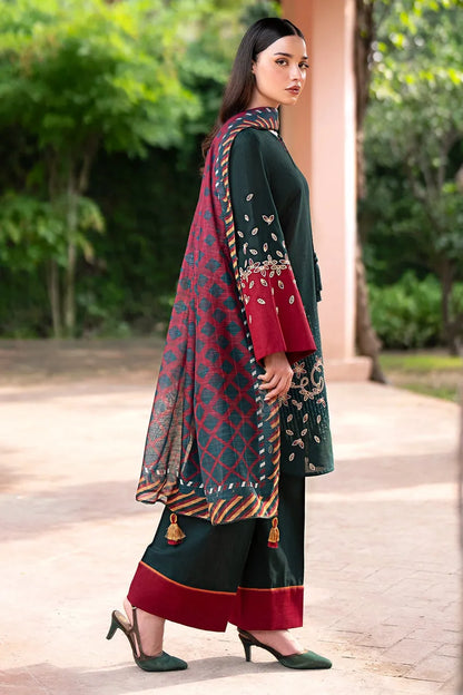 JAZMIN-3PC DHANAK EMBROIDRED SHIRT WITH KOTAIL PRINT SHAWL AND TROUSER-RP103