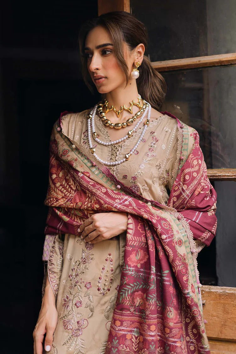 NUREH-3PC DHANAK EMBROIDERED SHIRT WITH COURTRAI PRINTED SHAWL & TROUSER-BIC-4341