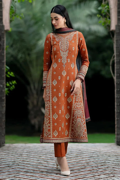 JAZMIN - 3PC DHANAK EMBROIDERED SHIRT WITH COUTURE PRINTED SHAWL AND TROUSER -RP119