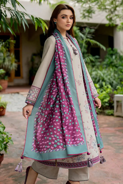 JAZMIN-3PC DHANAK EMBROIDRED SHIRT WITH KOTAIL PRINT SHAWL AND TROUSER-RP129