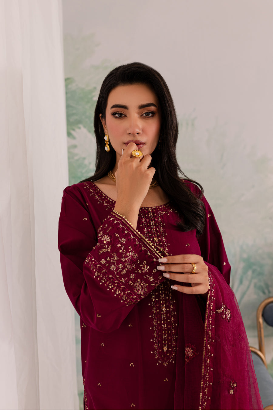 JAZMIN-3PC DHANAK EMBROIDERED SHIRT WITH CHIFFON EMBROIDERED DUPATTA AND TROUSER BIC-4198