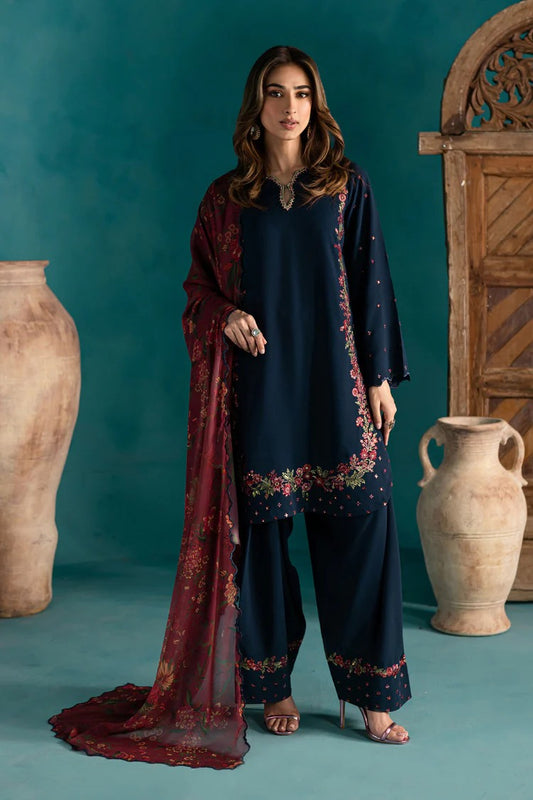 BATIK-3PC DHANAK EMBROIDERED SHIRT WITH COURTRAI PRINTED SHAWL & EMB TROUSER-BIC-4231
