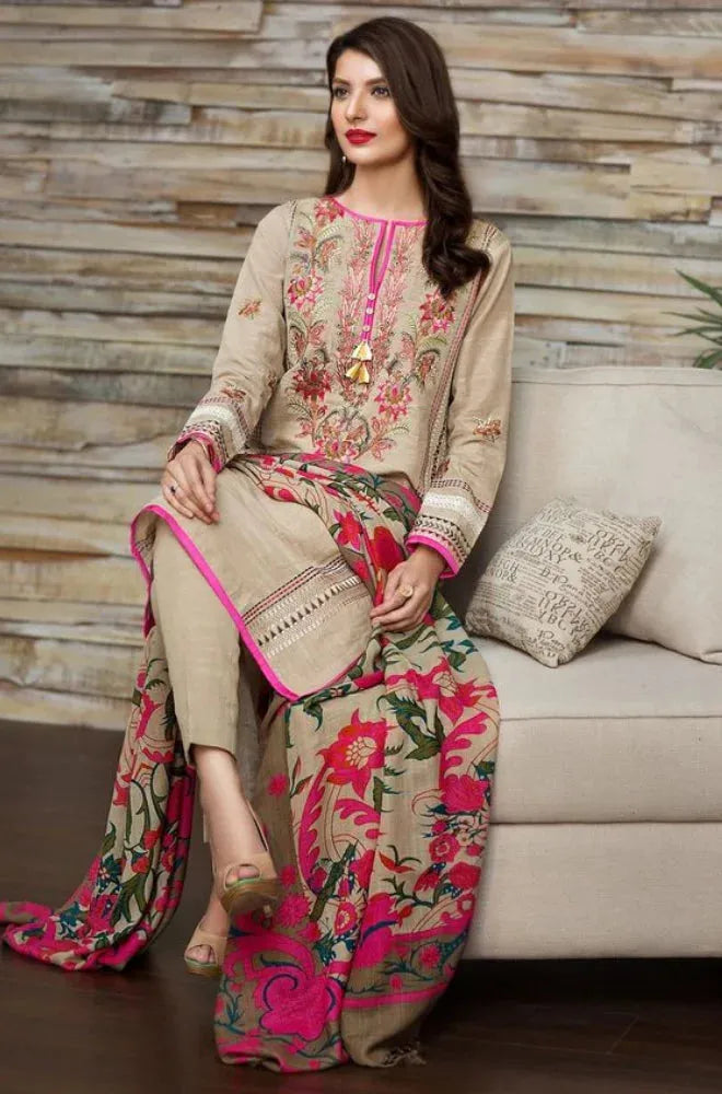 KHAADI-3PC KHADAR EMBROIDRED SHIRT WITH COUTURE PRINT SHAWL-RP-3217