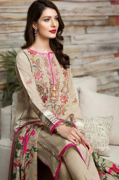 KHAADI-3PC KHADAR EMBROIDRED SHIRT WITH COUTURE PRINT SHAWL-RP-3217