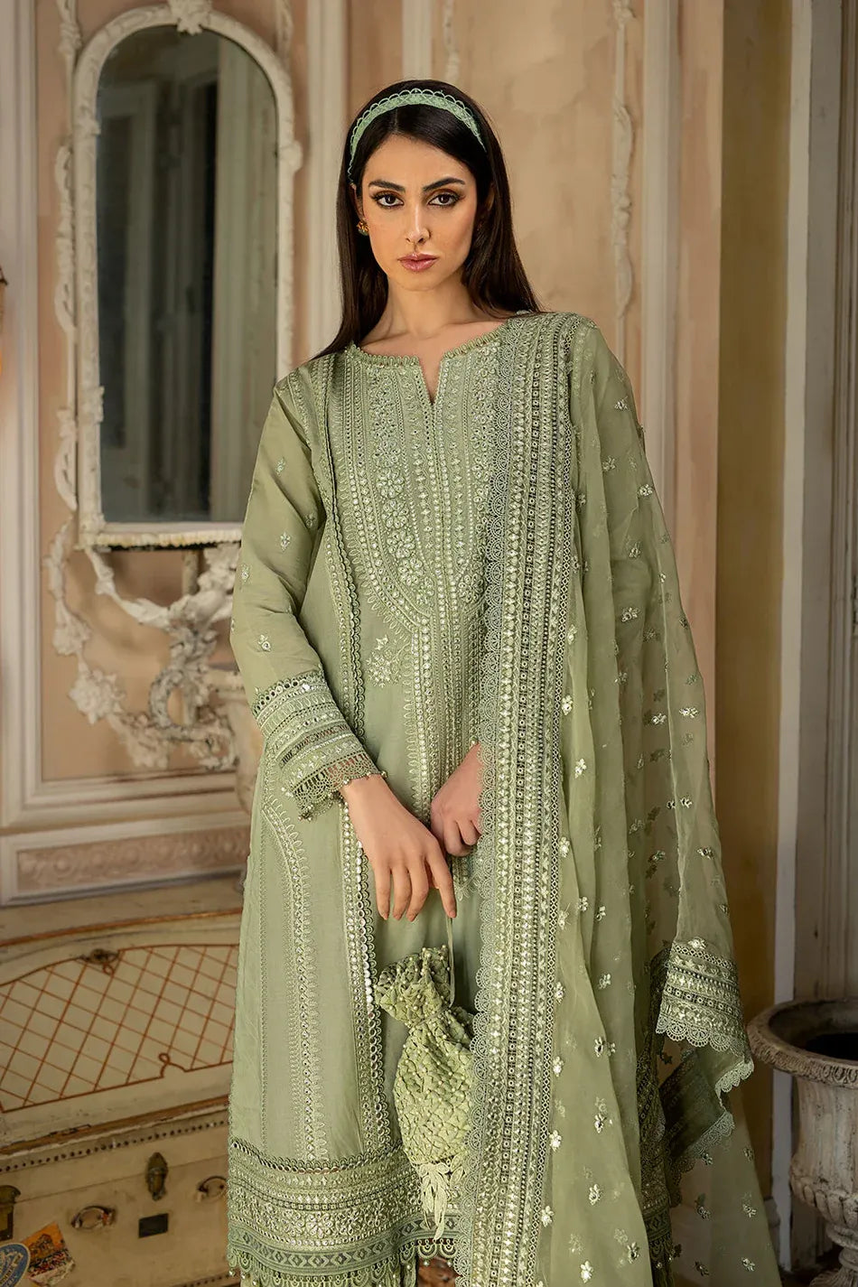 SOBIA NAZIR-3PC LAWN SEQUIN HEAVY EMBROIDERED SHIRT WITH ORGANZA EMBROIDERED DUPATTA & TROUSER-RP-4526