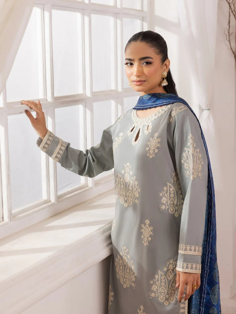 MOHAGNI LAWN 3PC - LAWN EMB SHIRT WITH MONARK PRINTED DUPATTA AND LAWN DYED TROUSER | RP-3741