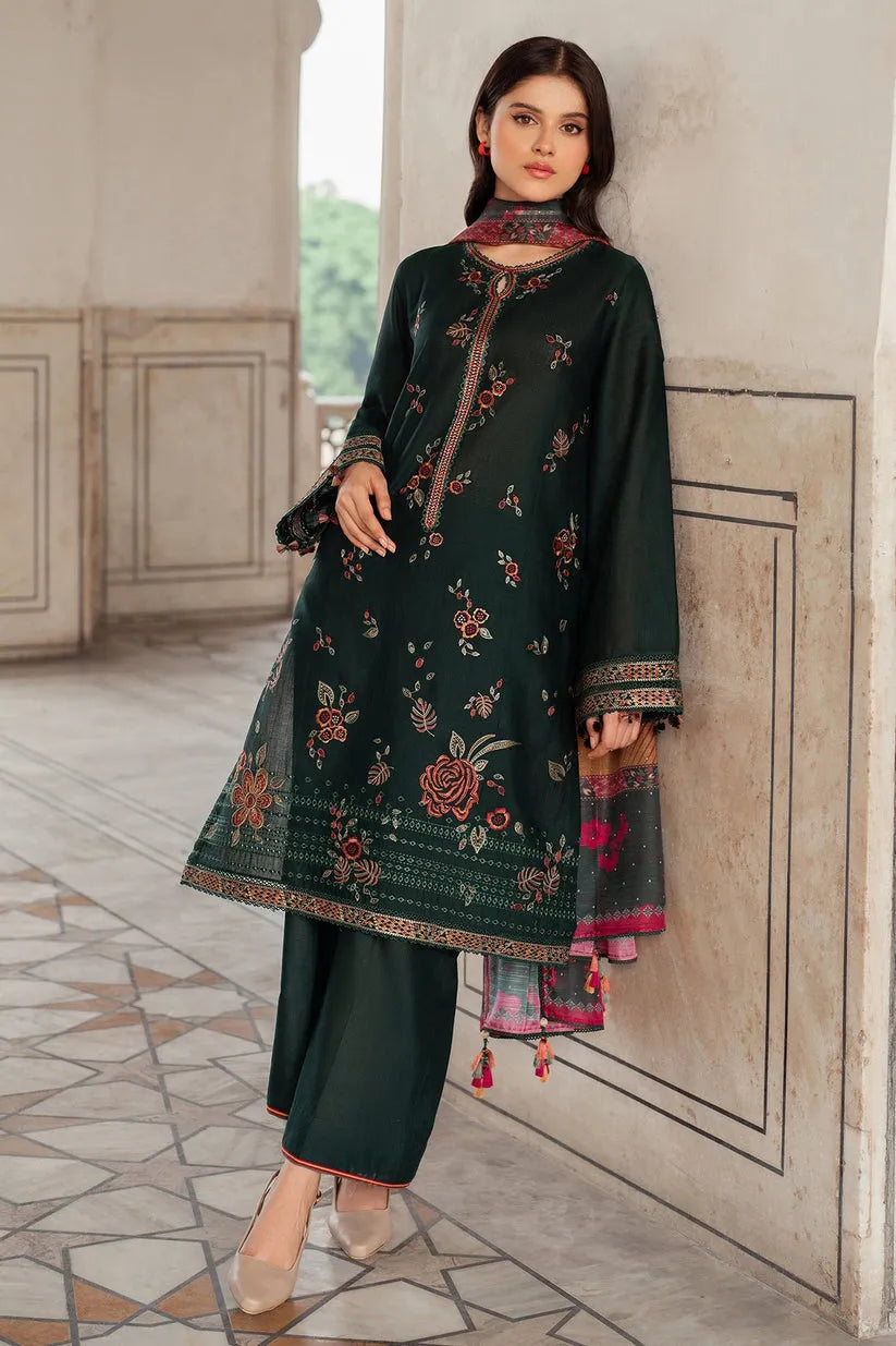 JAZMIN-3PC DHANAK EMBROIDERED SHIRT WITH WOOL PRINT SHAWL AND TROUSER-BIC-3364