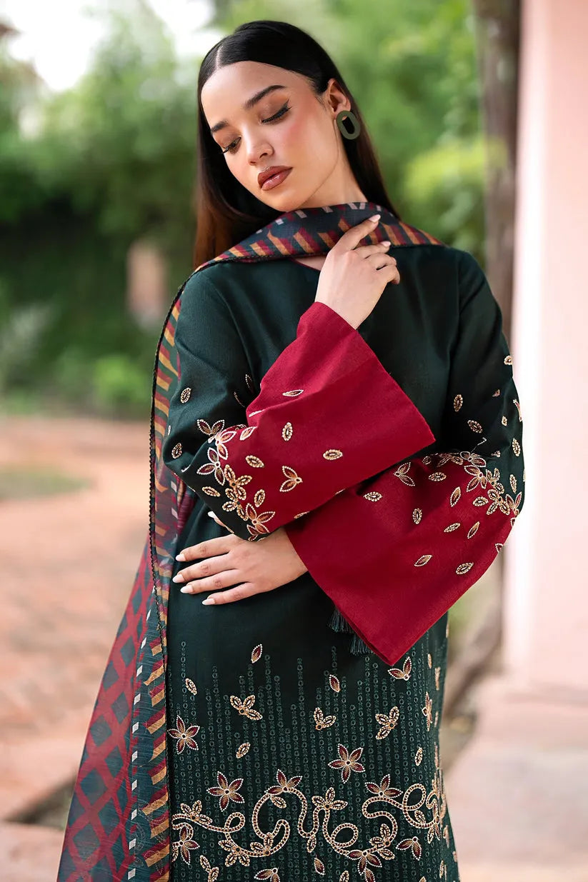 JAZMIN-3PC DHANAK EMBROIDRED SHIRT WITH KOTAIL PRINT SHAWL AND TROUSER-RP103