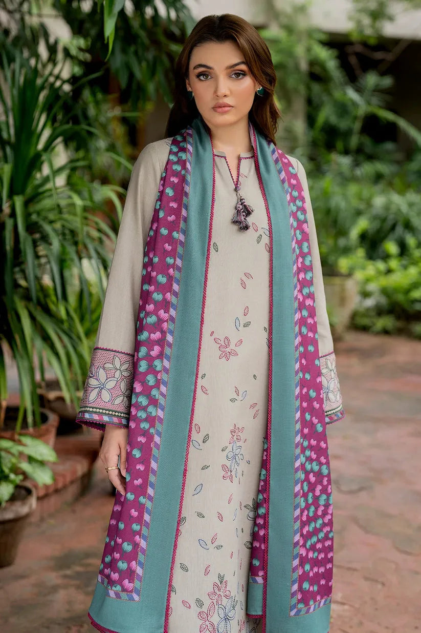 JAZMIN-3PC DHANAK EMBROIDRED SHIRT WITH KOTAIL PRINT SHAWL AND TROUSER-RP129