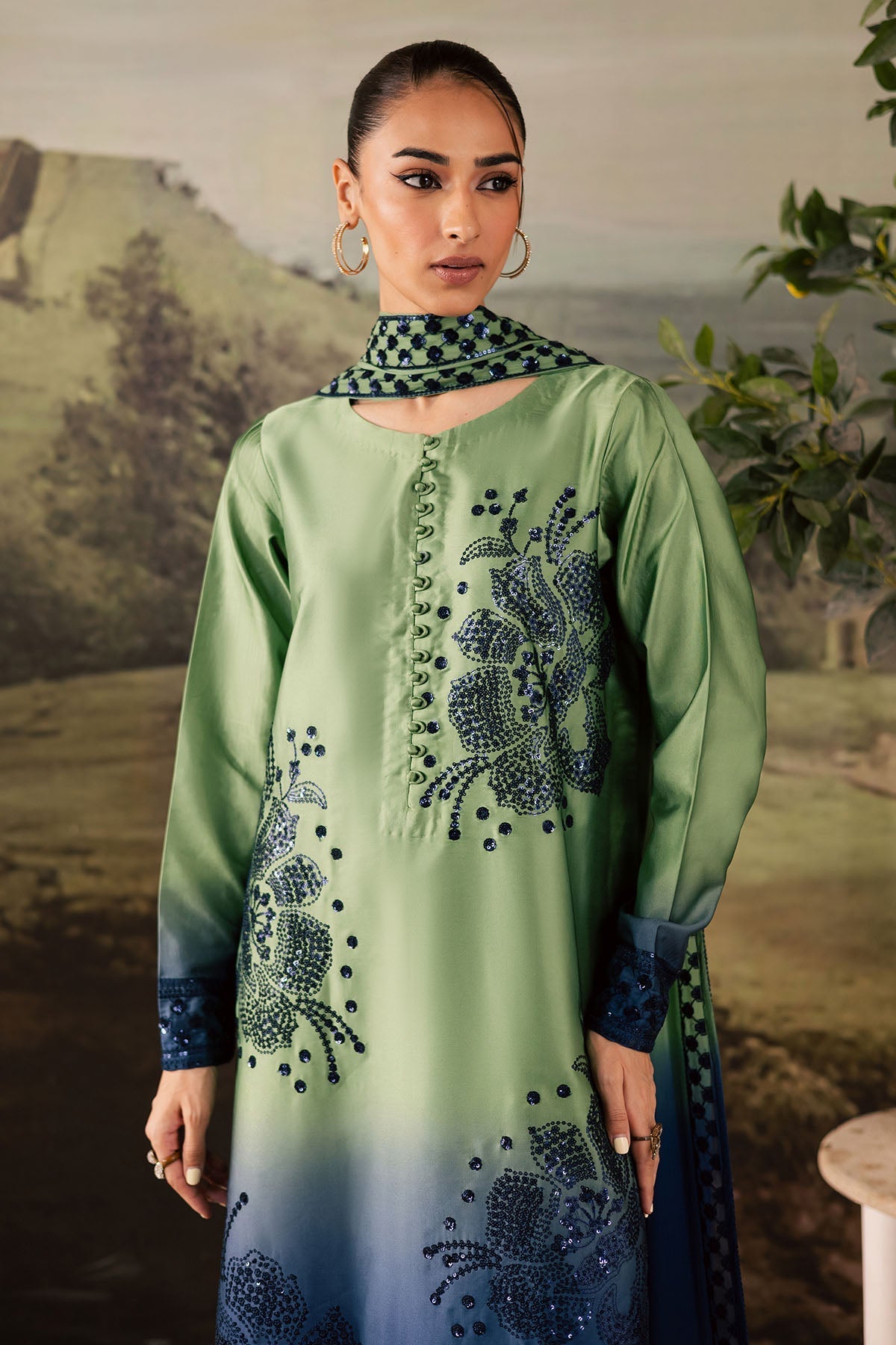 NUREH-3PC SHAMOZE SILK PRINTED EMBROIDERED SHIRT WITH SOFT SILK PRINTED EMB DUPATTA & TROUSER BIC-
