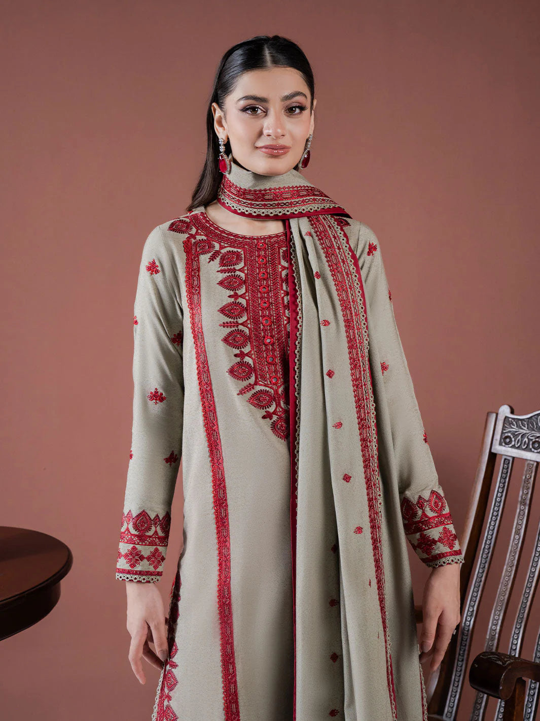 ASIM JOFA-3PC DHANAK EMBROIDERED SHIRT WITH DHANAK EMBROIDERED SHAWL AND EMB TROUSER-BIC-4001