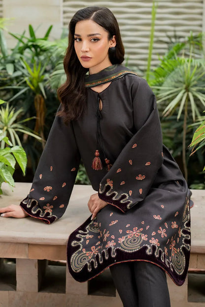 JAZMIN-3PC DHANAK EMBROIDRED SHIRT WITH WOOL PRINT SHAWL AND TROUSER-RP-3275