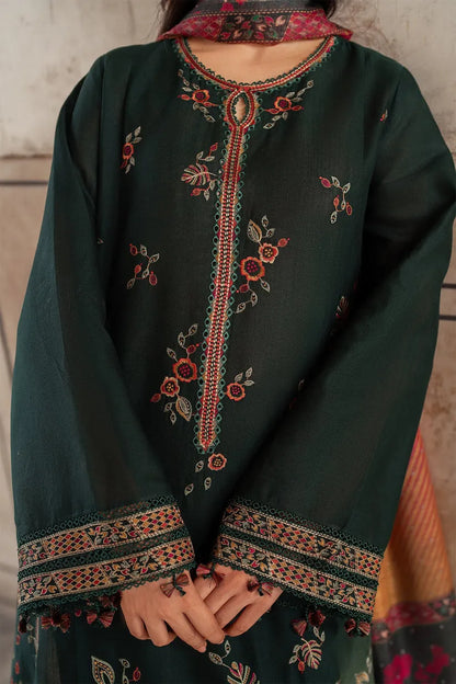 JAZMIN-3PC DHANAK EMBROIDERED SHIRT WITH WOOL PRINT SHAWL AND TROUSER-BIC-3364