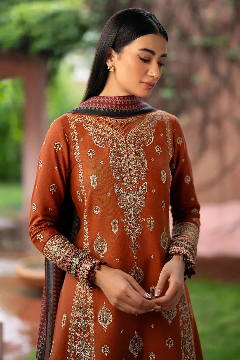 JAZMIN - 3PC DHANAK EMBROIDERED SHIRT WITH COUTURE PRINTED SHAWL AND TROUSER -RP119