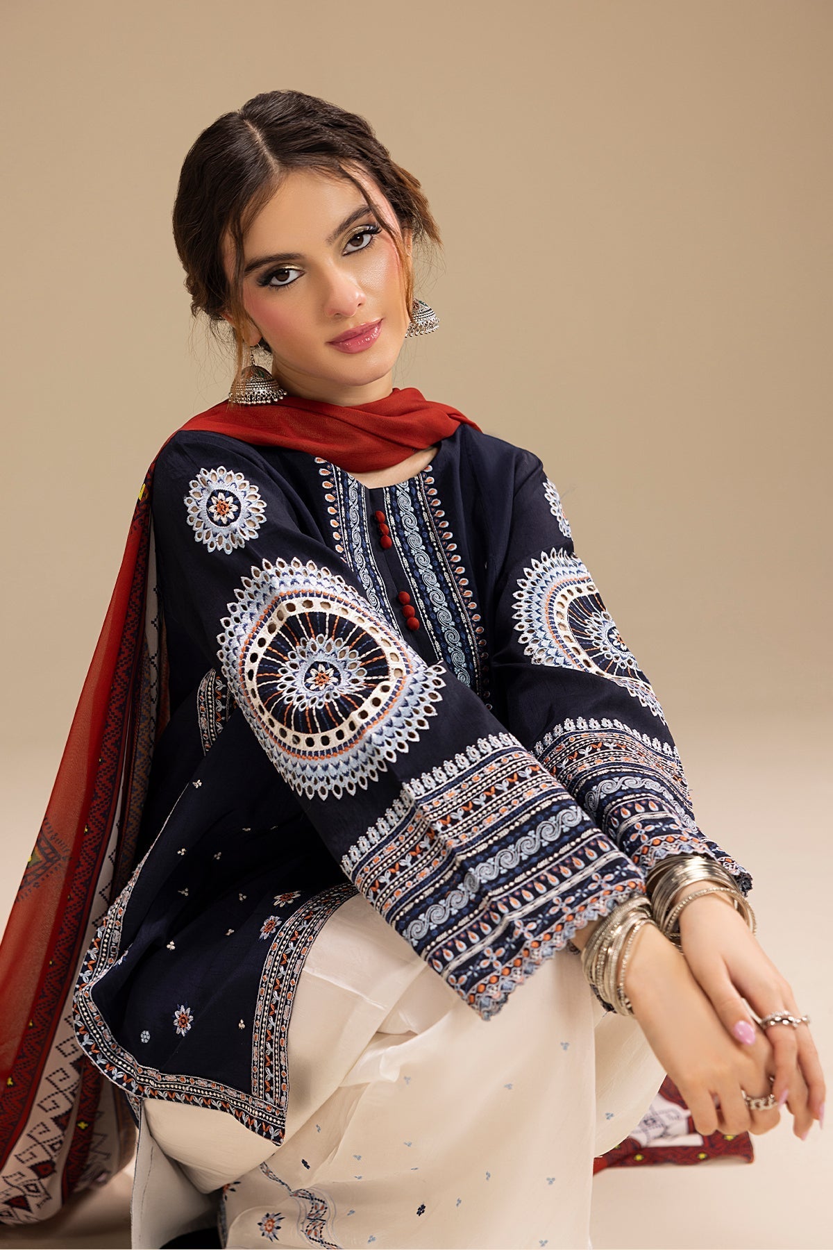 JAZMIN-3PC DHANAK EMBROIDERED SHIRT WITH CORTRAI WOOL PRINTED SHAWL AND EMB TROUSER-BIC-4080