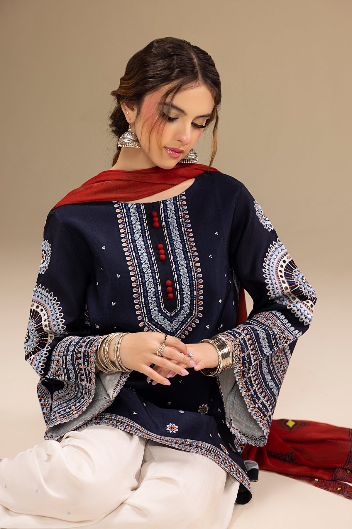 JAZMIN-3PC DHANAK EMBROIDERED SHIRT WITH CORTRAI WOOL PRINTED SHAWL AND EMB TROUSER-BIC-4080