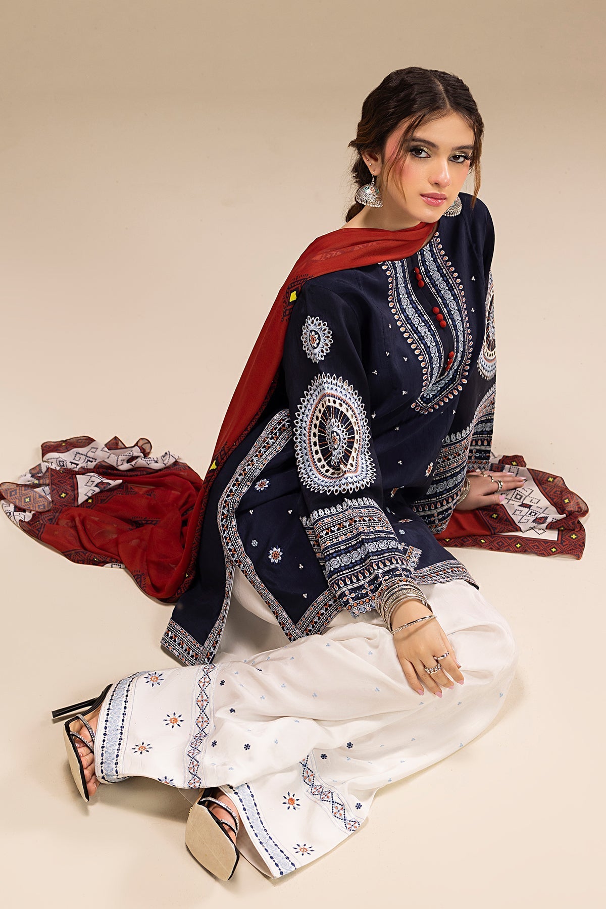JAZMIN-3PC DHANAK EMBROIDERED SHIRT WITH CORTRAI WOOL PRINTED SHAWL AND EMB TROUSER-BIC-4080