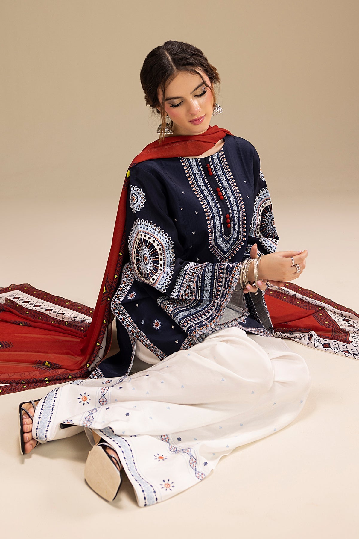 JAZMIN-3PC DHANAK EMBROIDERED SHIRT WITH CORTRAI WOOL PRINTED SHAWL AND EMB TROUSER-BIC-4080