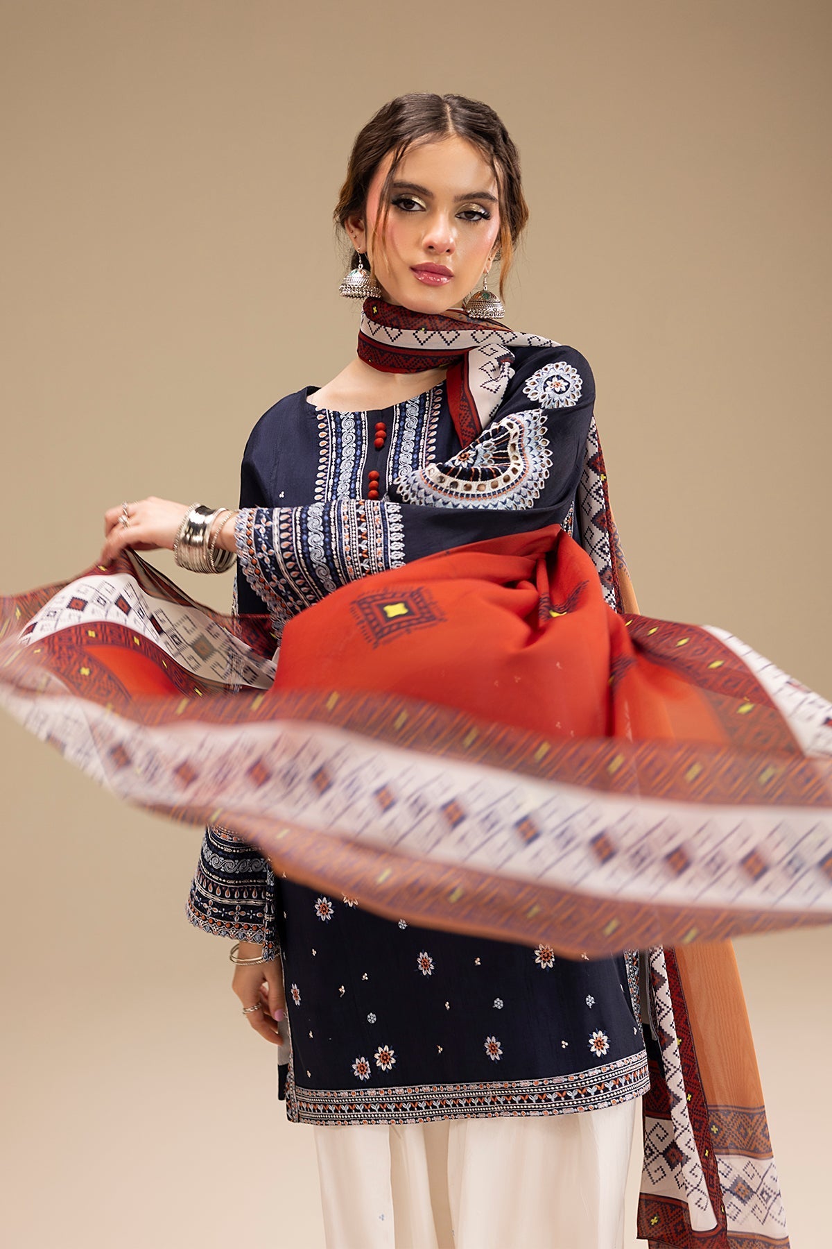 JAZMIN-3PC DHANAK EMBROIDERED SHIRT WITH CORTRAI WOOL PRINTED SHAWL AND EMB TROUSER-BIC-4080