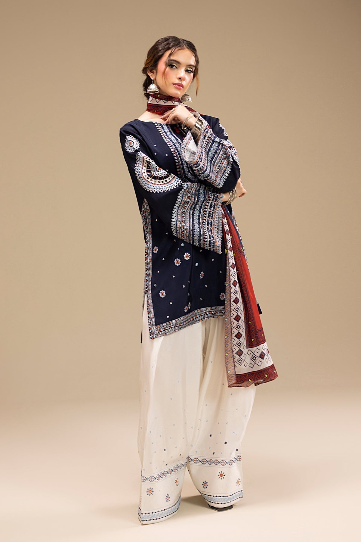 JAZMIN-3PC DHANAK EMBROIDERED SHIRT WITH CORTRAI WOOL PRINTED SHAWL AND EMB TROUSER-BIC-4080
