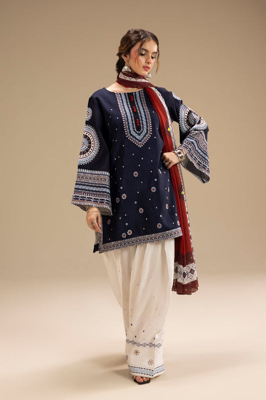 JAZMIN-3PC DHANAK EMBROIDERED SHIRT WITH CORTRAI WOOL PRINTED SHAWL AND EMB TROUSER-BIC-4080