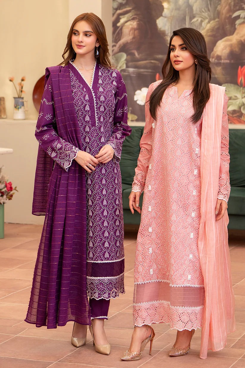 MIRAKHI LAWN 3PC - LAWN CHIKANKARI EMB SHIRT WITH LAWN TUBE SLUB DUPATTA AND LAWN DYED TROUSER | RP