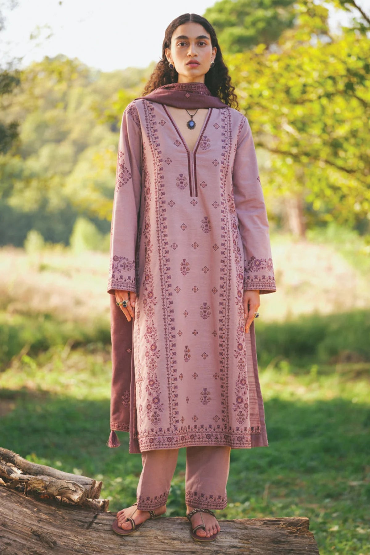 IMAGE-3PC DHANAK EMBROIDERED SHIRT WITH DHANAK EMBROIDERED SHAWL AND TROUSER-BIC-4038