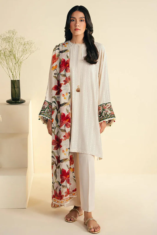 JAZMIN-3PC KHADDAR EMBROIDRED SHIRT WITH WOOL PRINT SHAWL AND TROUSER-RP-3248