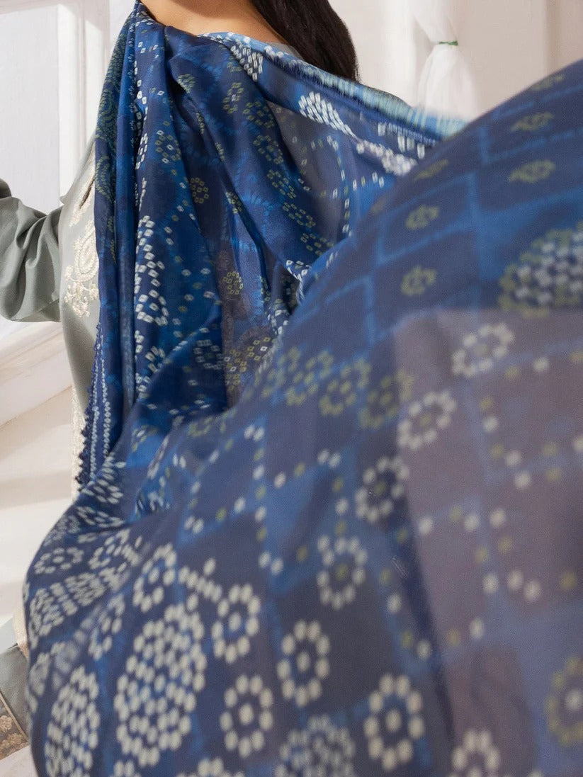 MOHAGNI LAWN 3PC - LAWN EMB SHIRT WITH MONARK PRINTED DUPATTA AND LAWN DYED TROUSER | RP-3741